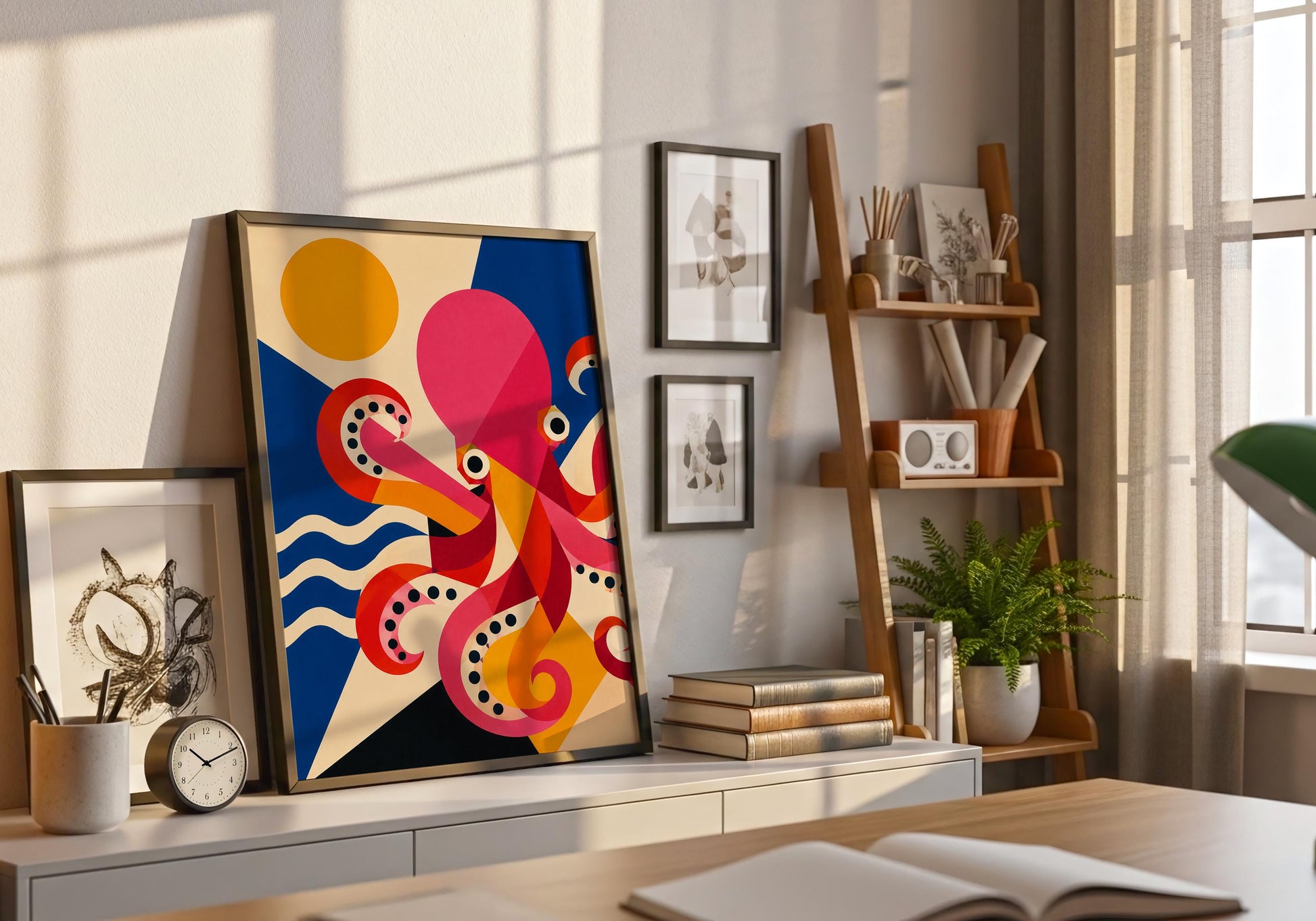 Modern ocean wall decor featuring a striking octopus illustration with bold geometric patterns.
