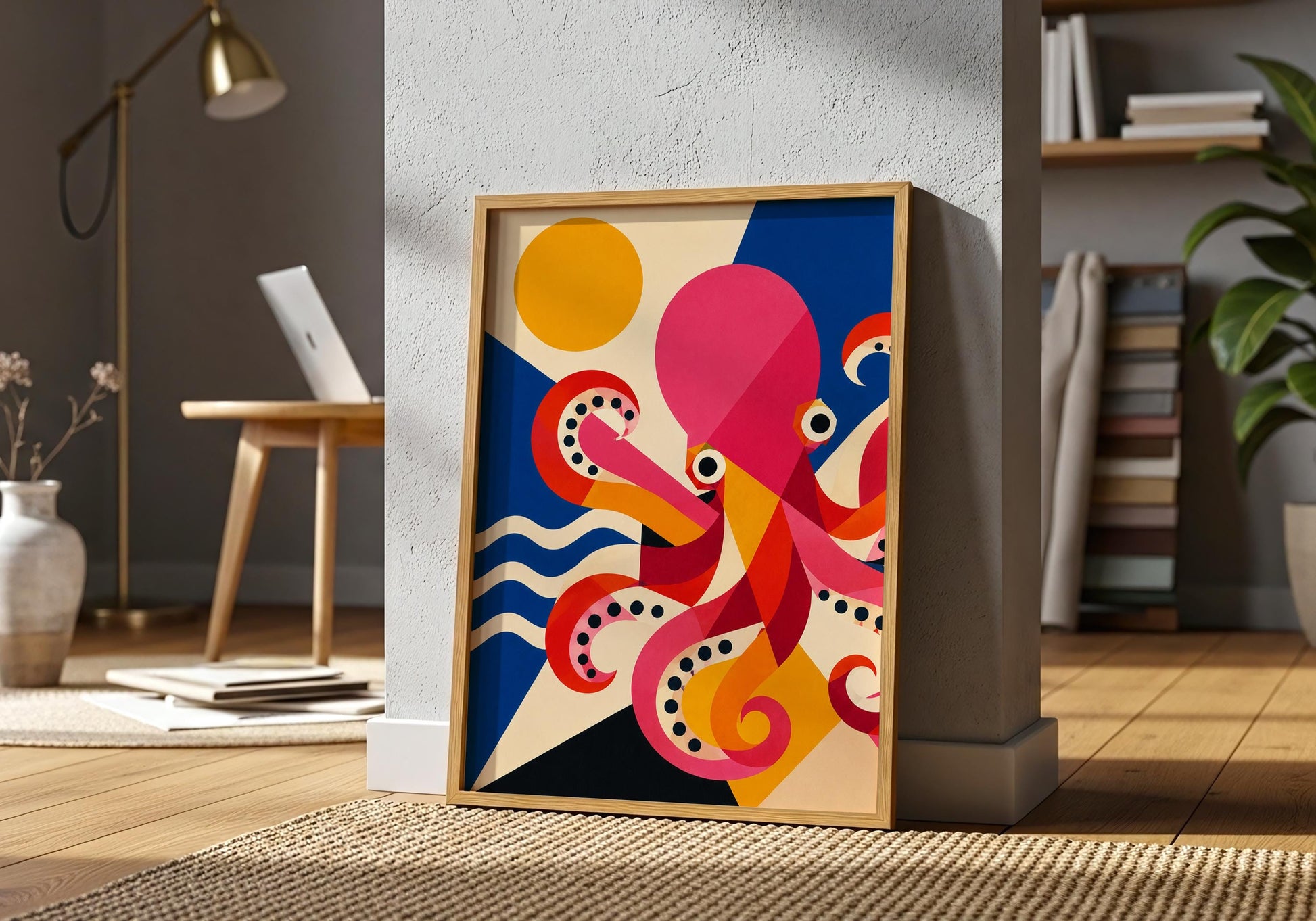 Geometric sea creature artwork designed for modern coastal and nautical interiors.