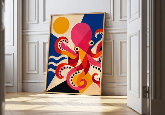 Colourful geometric octopus wall art print featuring vibrant pink, orange and blue coastal colours.