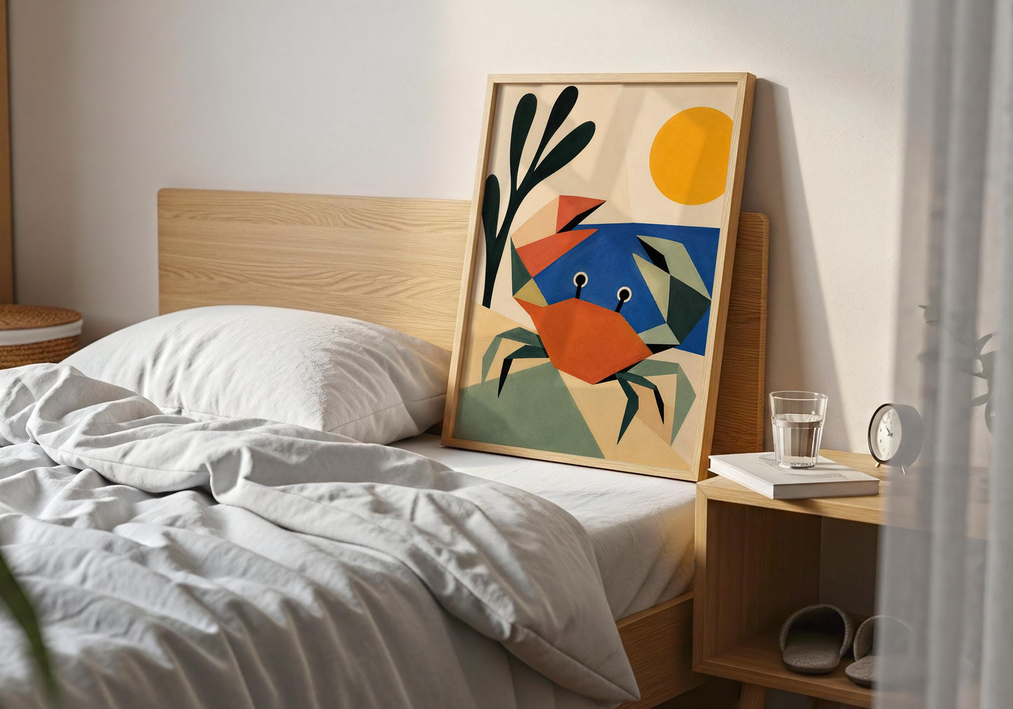 Beach house decor print showcasing a colourful crab with minimalist geometric styling.