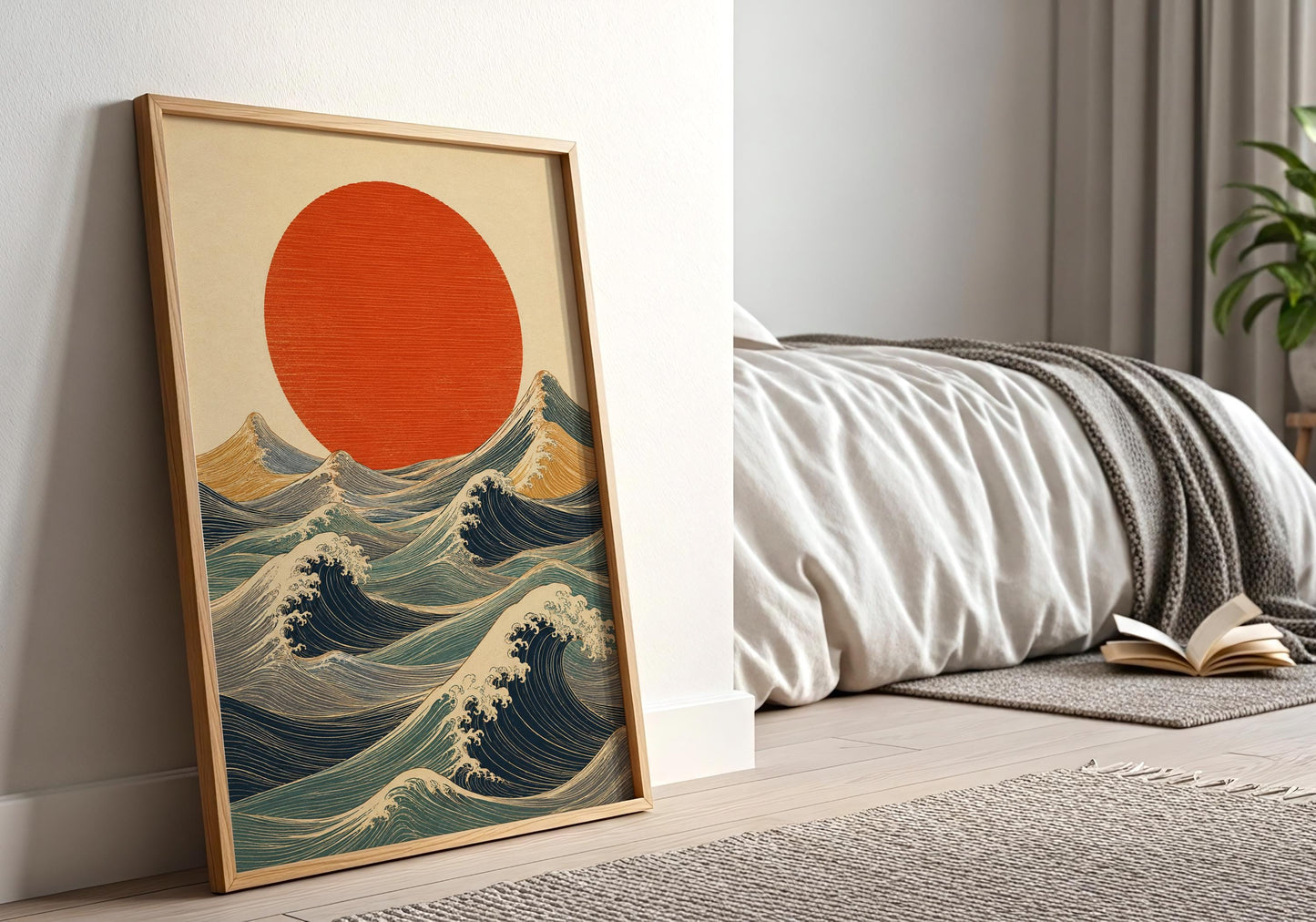 Coastal Japanese wall decor inspired by traditional woodblock art