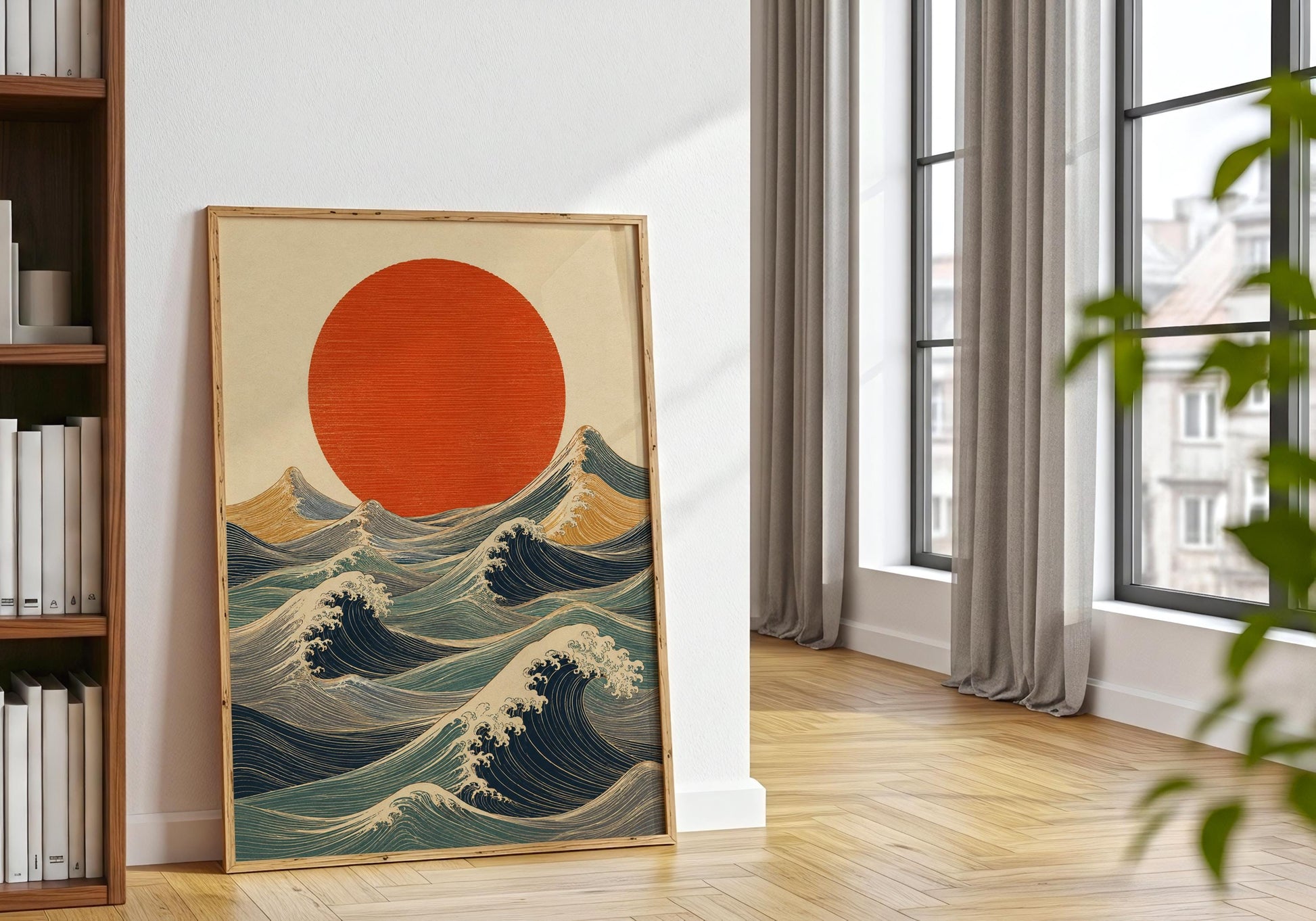 Vintage Japanese wave illustration with textured cream background