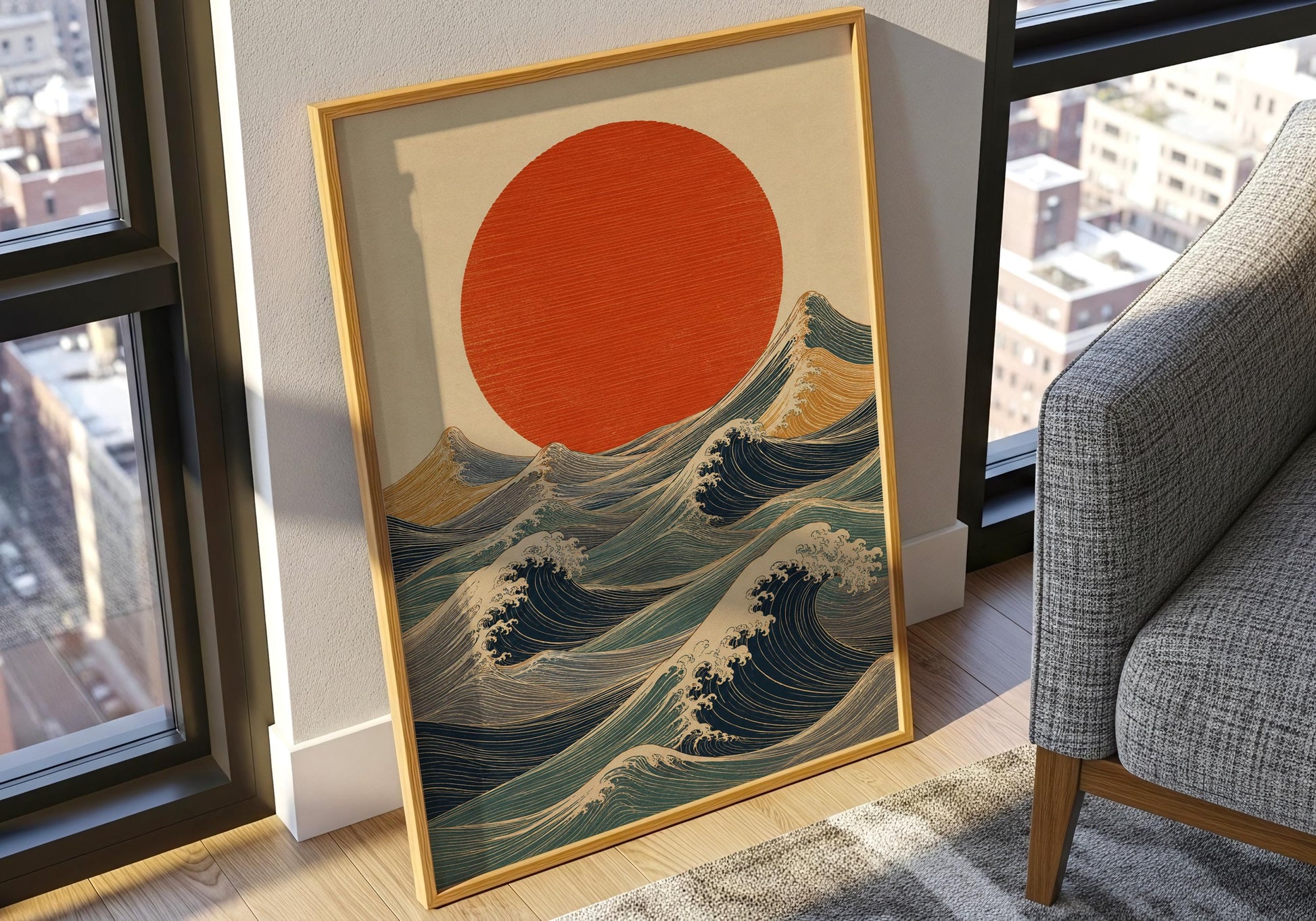 Japandi wave artwork with teal blue waves and red sun