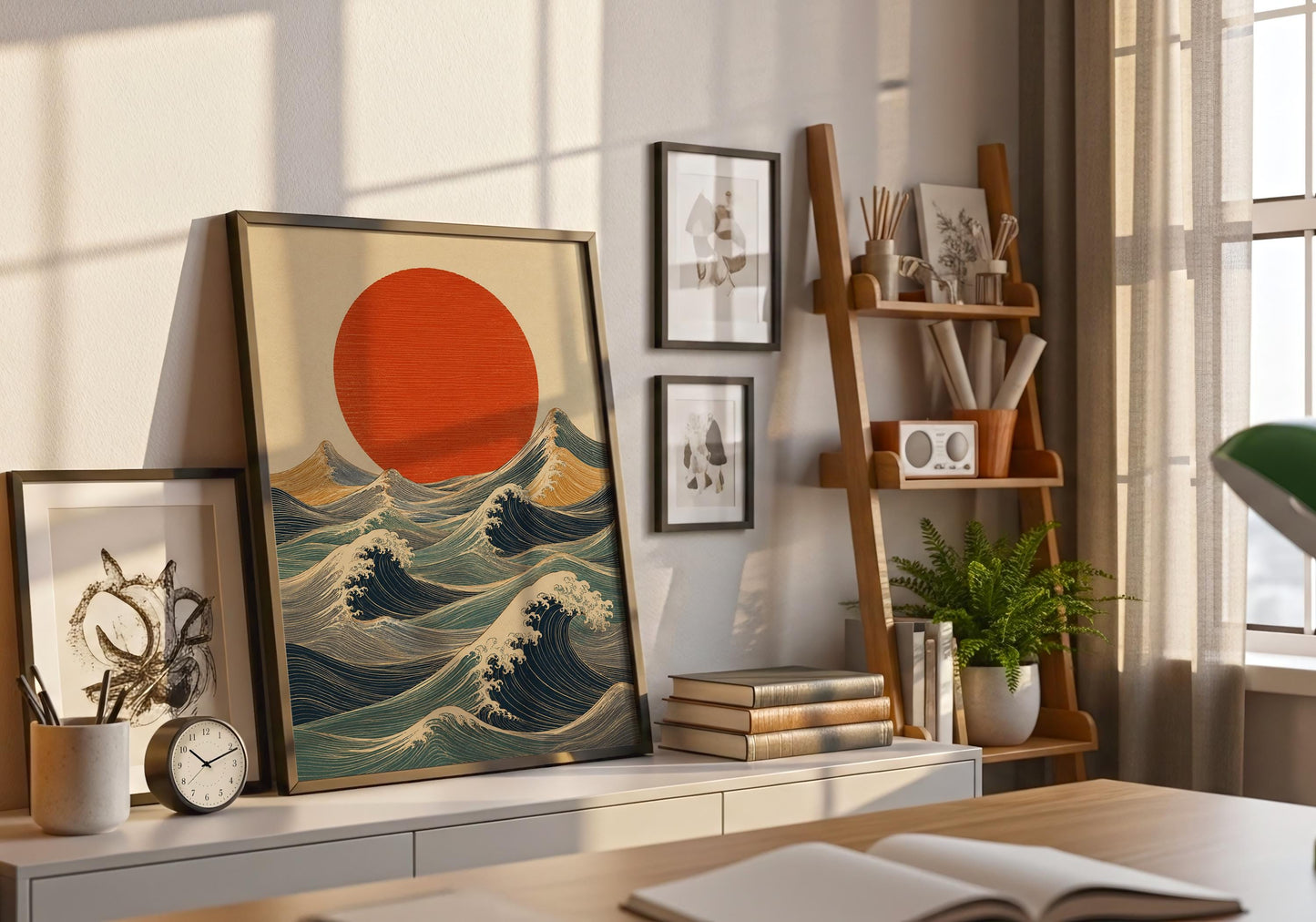 Wabi sabi Japanese wave print with muted blue and beige tones