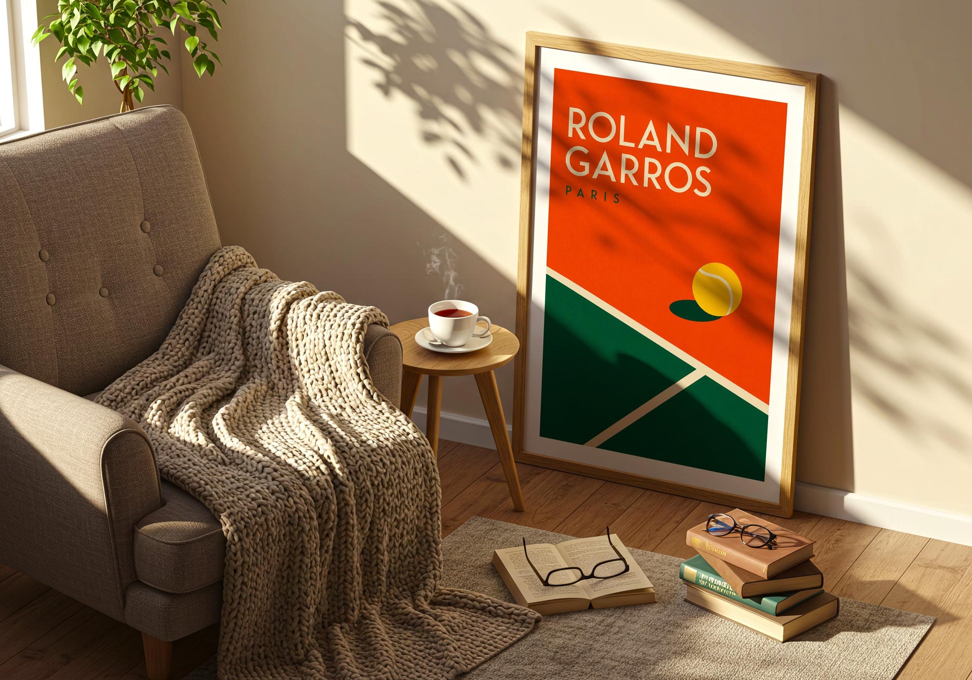 Modern Roland Garros artwork with bold orange and green colours celebrating Paris tennis.