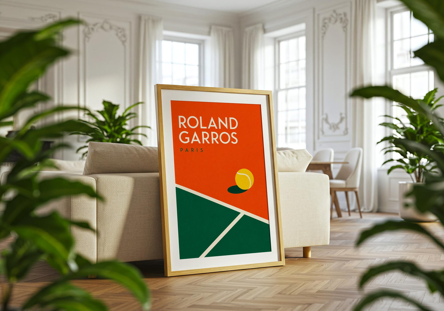 Contemporary tennis artwork featuring a clay court and tennis ball in iconic Roland Garros colours.