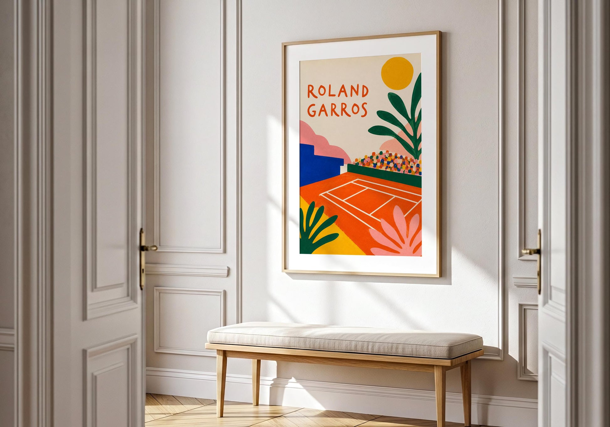 Colourful clay court wall art inspired by the atmosphere of Roland Garros in Paris.