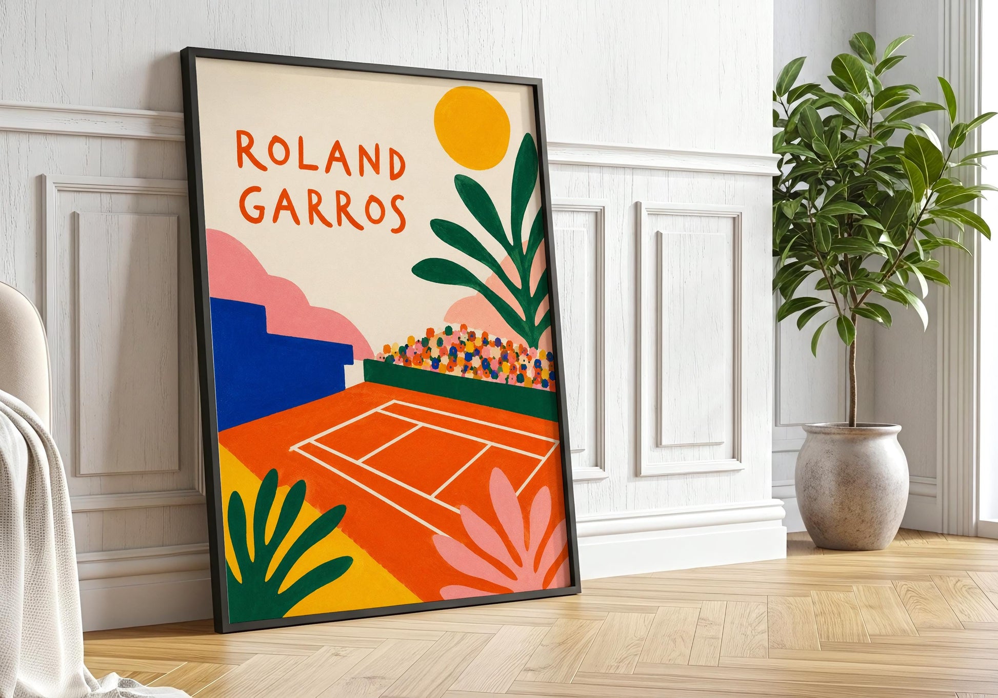 French Open inspired wall art with bright colours, tennis court illustration and Paris travel poster style.