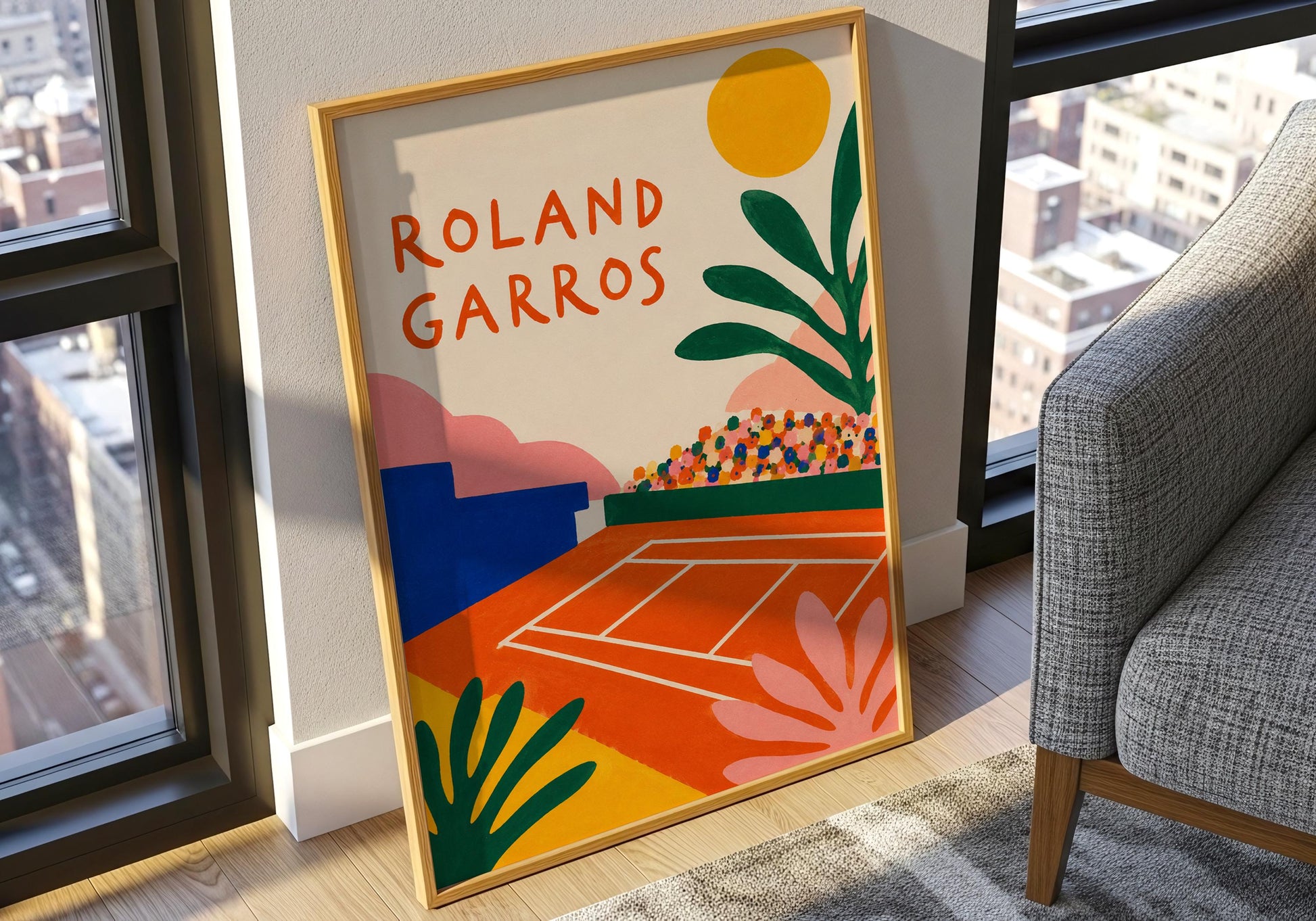 Roland Garros tennis artwork showcasing a sunny clay court and colourful crowd scene.