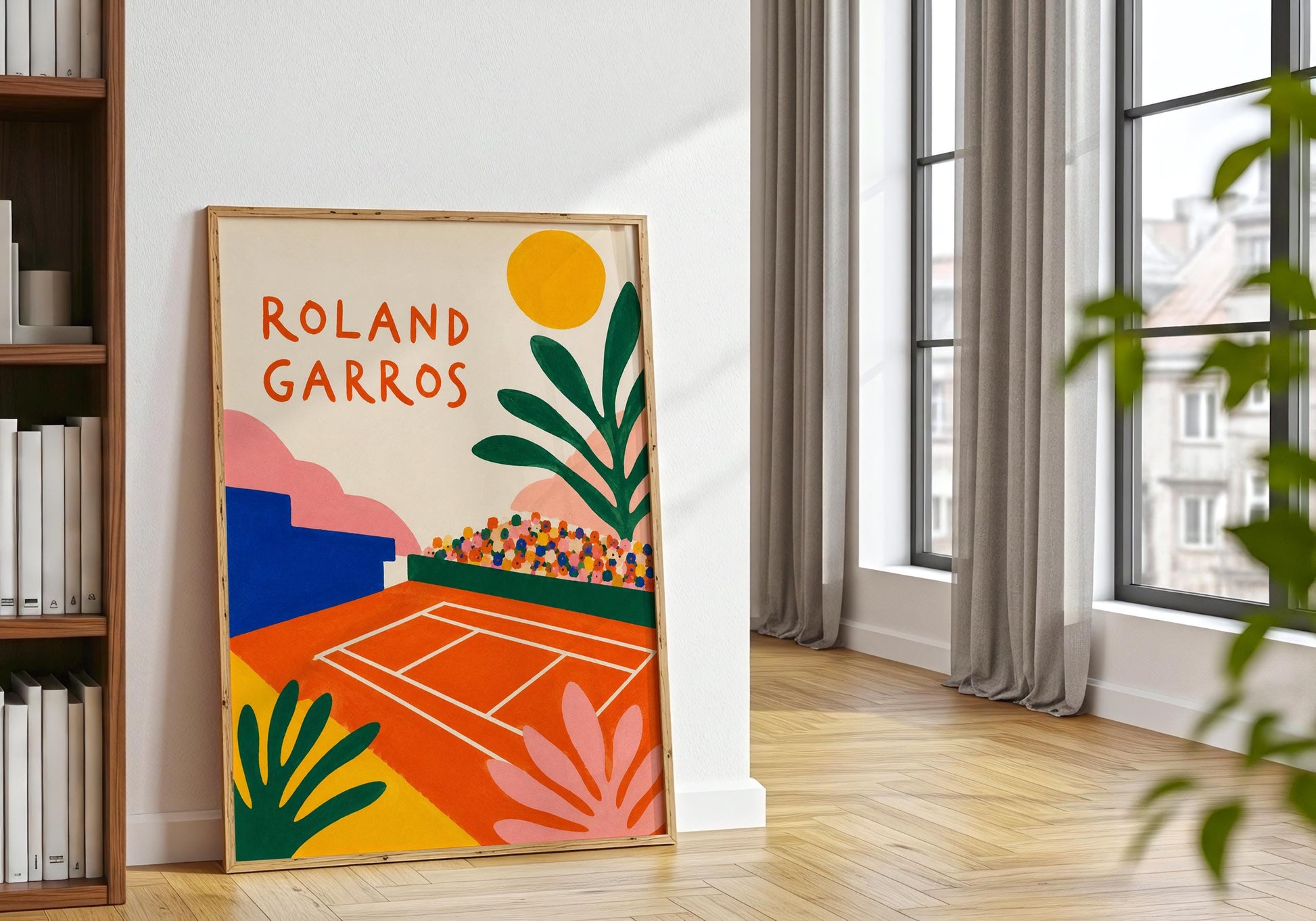 Roland Garros themed artwork with botanical details and contemporary illustration style.