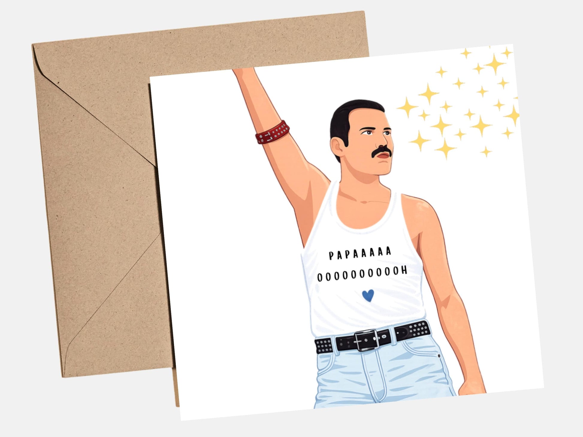 Funny Father's Day card featuring a Freddie Mercury inspired illustration with the words 'Papaaaaaa Oooooooooh', perfect for Queen fans and music-loving dads.