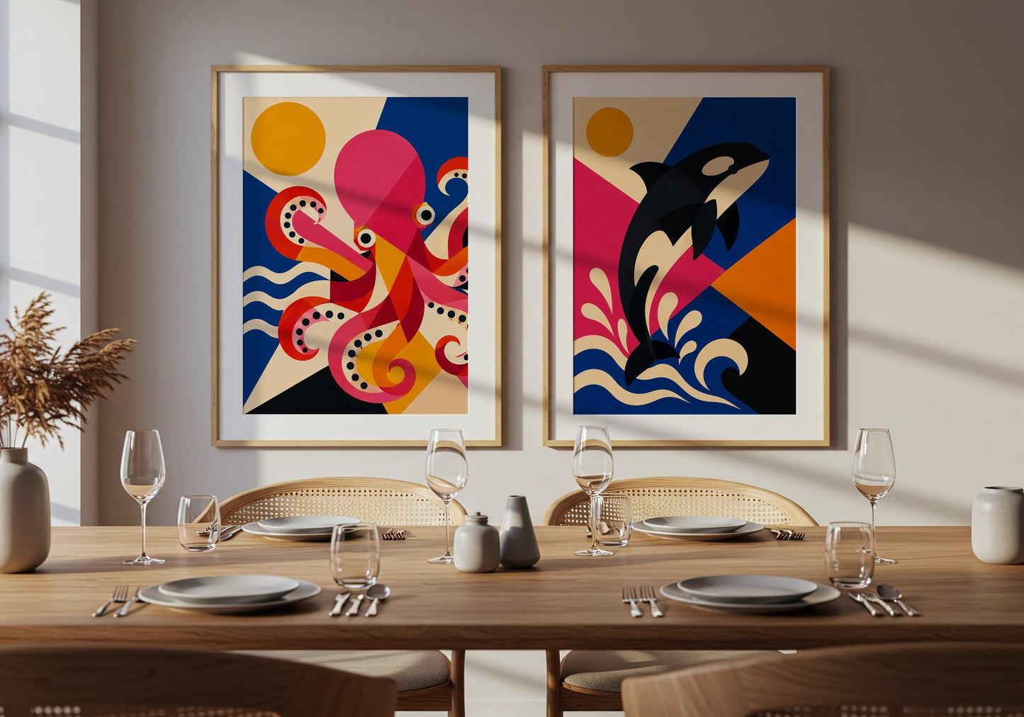 Octopus and orca whale wall art set displayed above a dining table in a bright contemporary dining room.