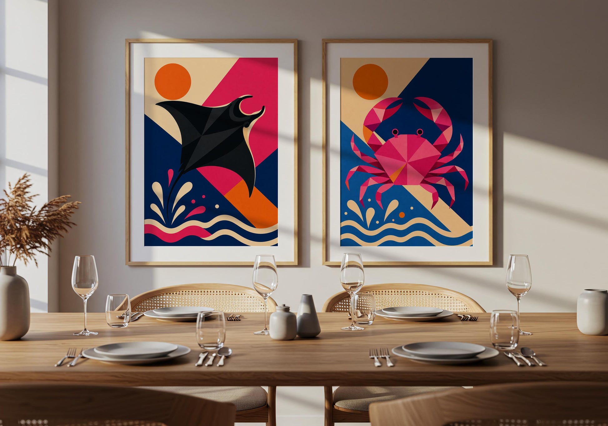 Manta ray and crab wall art set featuring colourful geometric ocean animals in a stylish dining room.