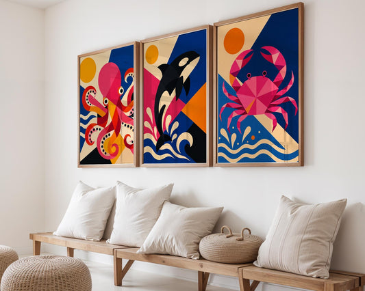 Modern geometric octopus wall art print with bold pink, blue and orange colours displayed in a contemporary interior.