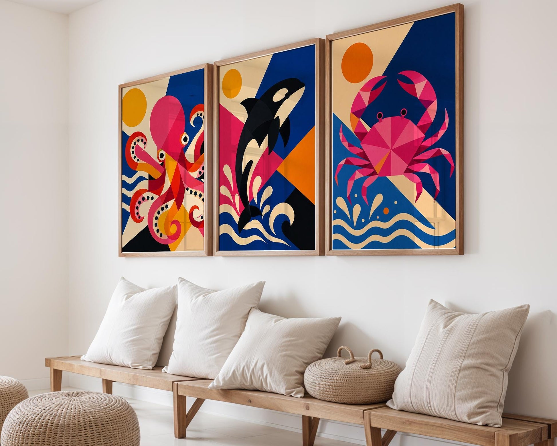 Modern geometric octopus wall art print with bold pink, blue and orange colours displayed in a contemporary interior.
