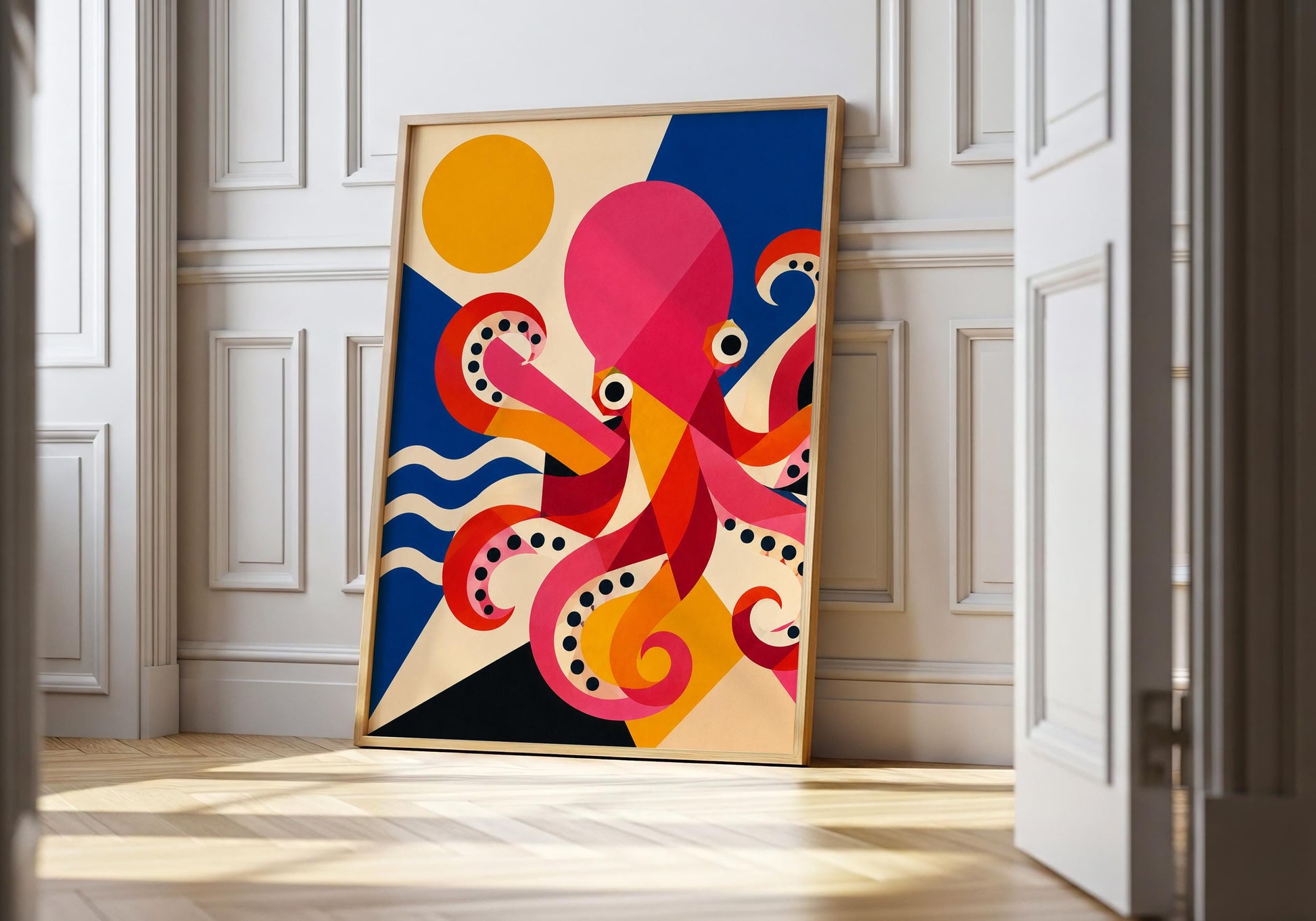 Vibrant geometric dolphin art print with coastal colours leaning against a white wall in a stylish modern home.