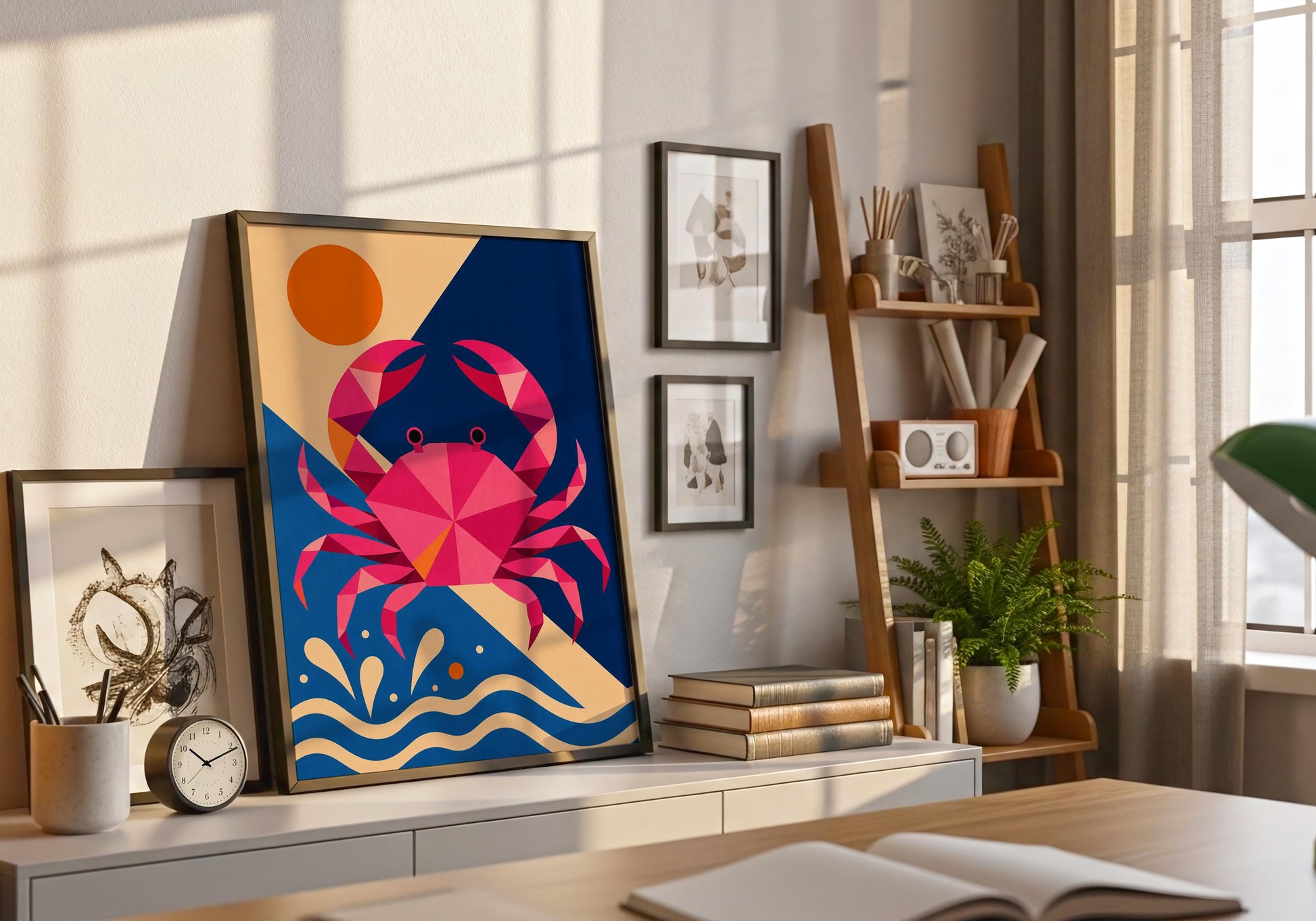 Modern crab wall art print featuring bright coastal colours displayed on a cabinet in a sunlit living room.