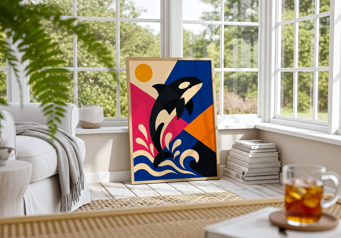 Contemporary orca artwork showing a black and white killer whale leaping through stylised ocean waves.