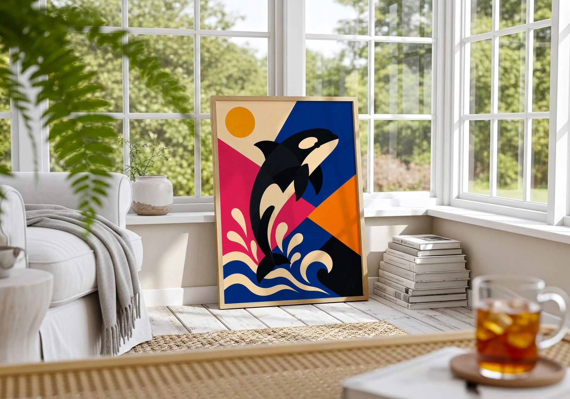 Contemporary orca artwork showing a black and white killer whale leaping through stylised ocean waves.