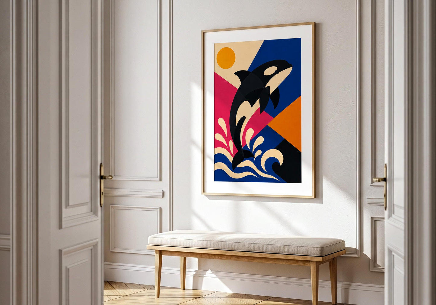Modern ocean artwork featuring a playful killer whale and abstract seaside shapes in vibrant tones.