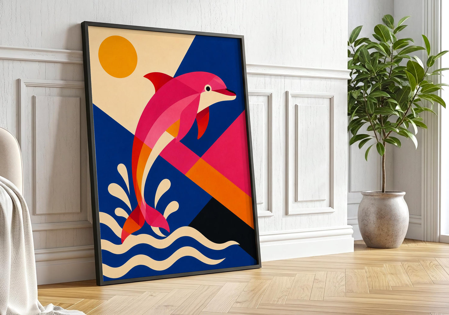 Modern dolphin poster with vibrant pink, blue and orange geometric shapes inspired by contemporary coastal decor.