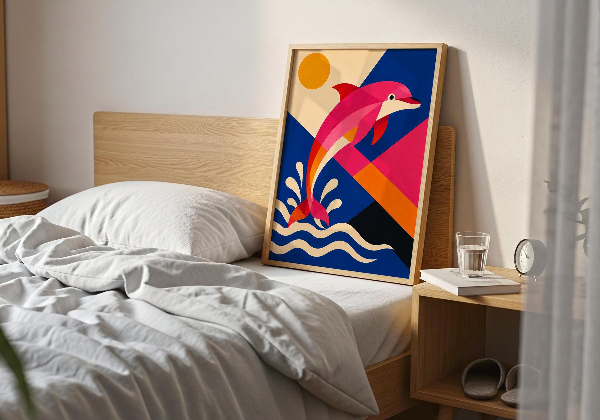 Beach house wall decor with a colourful dolphin design perfect for coastal and nautical interiors.