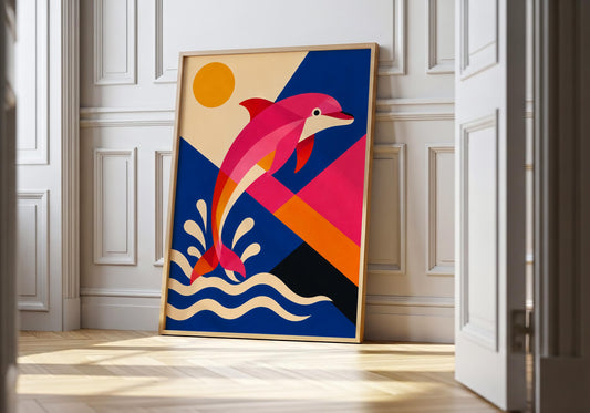 Colourful dolphin wall art print featuring a pink dolphin leaping above ocean waves in a modern geometric coastal design.