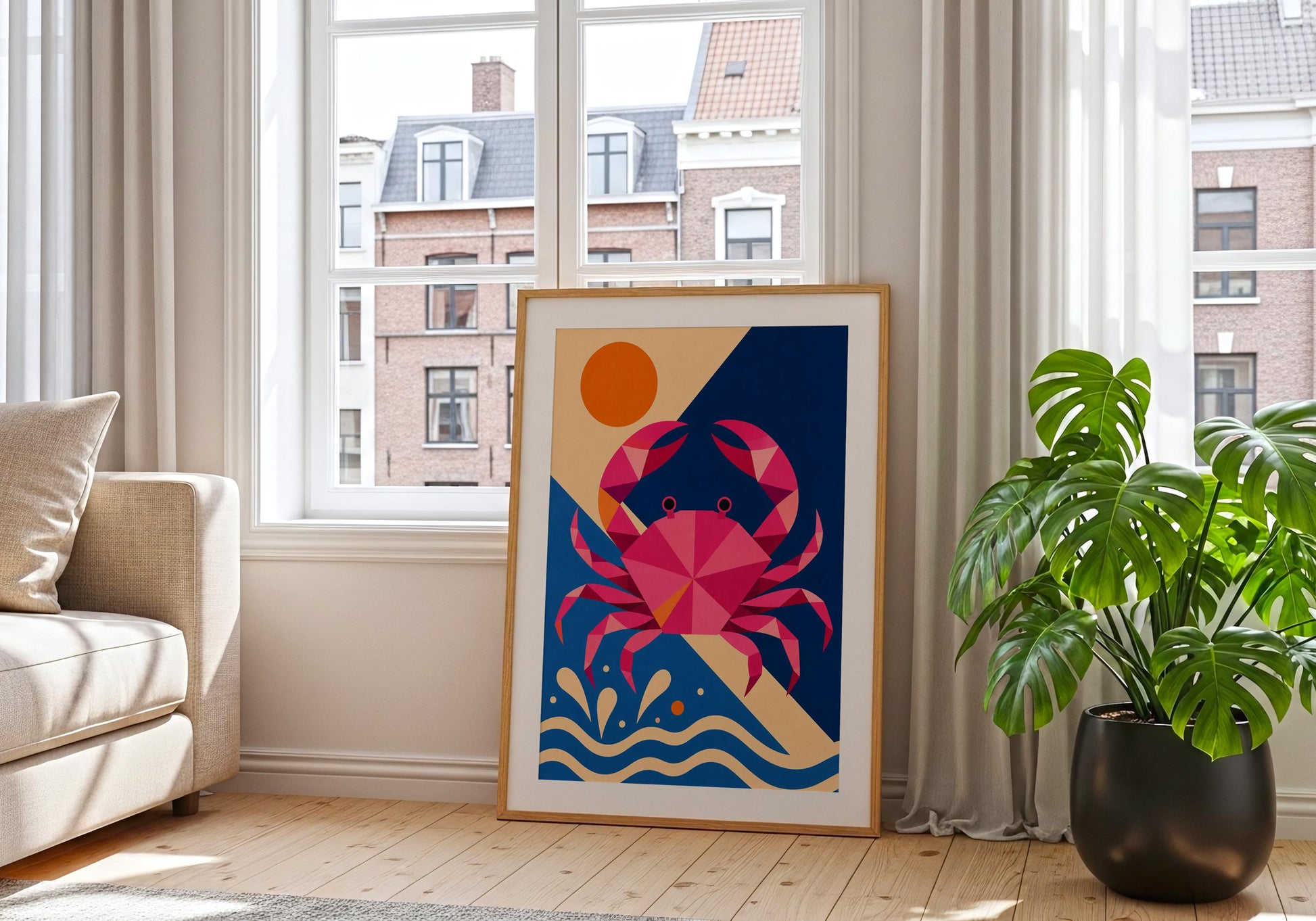 Crab Wall Art Print - Colourful Coastal Crab Poster, Modern Ocean Decor, Geometric Marine Life Artwork, Beach House Wall Art