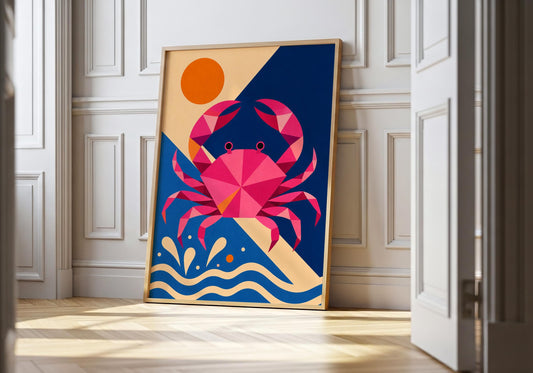 Crab Wall Art Print - Colourful Coastal Crab Poster, Modern Ocean Decor, Geometric Marine Life Artwork, Beach House Wall Art
