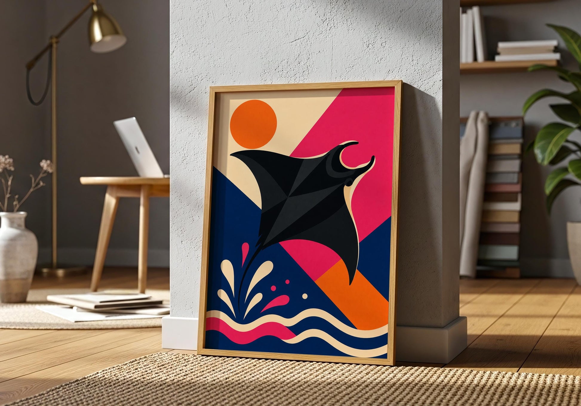 Tropical wall decor featuring a graceful manta ray in a vibrant modern coastal design.