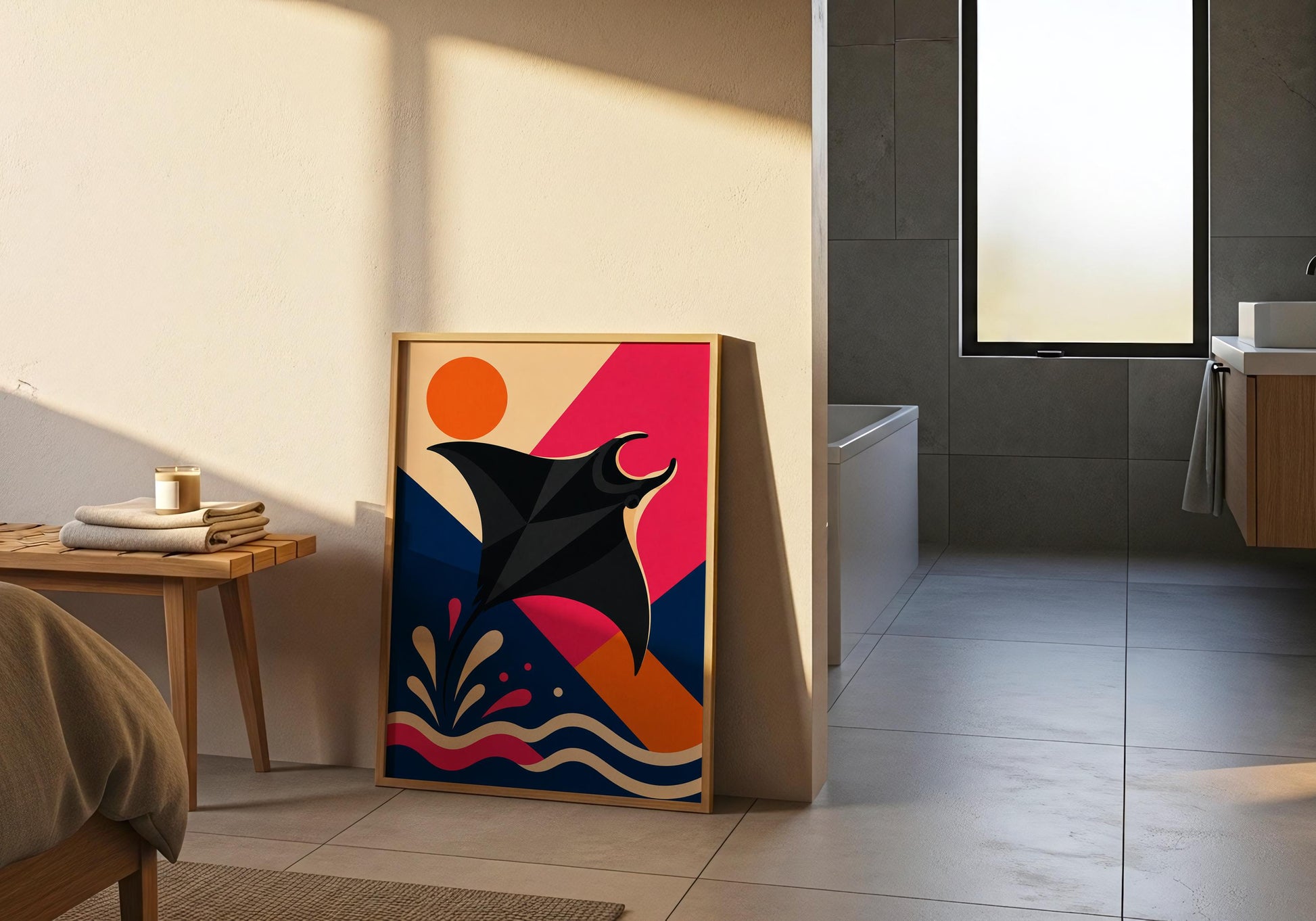 Tropical marine life poster with a bold manta ray illustration perfect for coastal interiors.