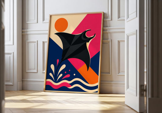 Modern manta ray wall art print featuring a black stingray swimming above stylised ocean waves in bold tropical colours.