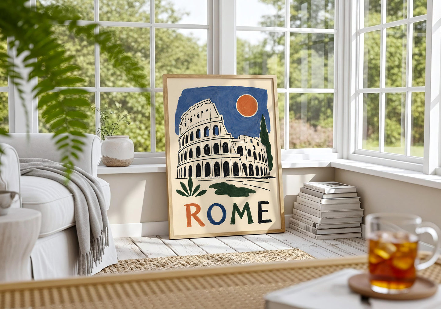 Rome travel poster showcasing a minimalist sketch of the Colosseum in a vintage Mediterranean style.