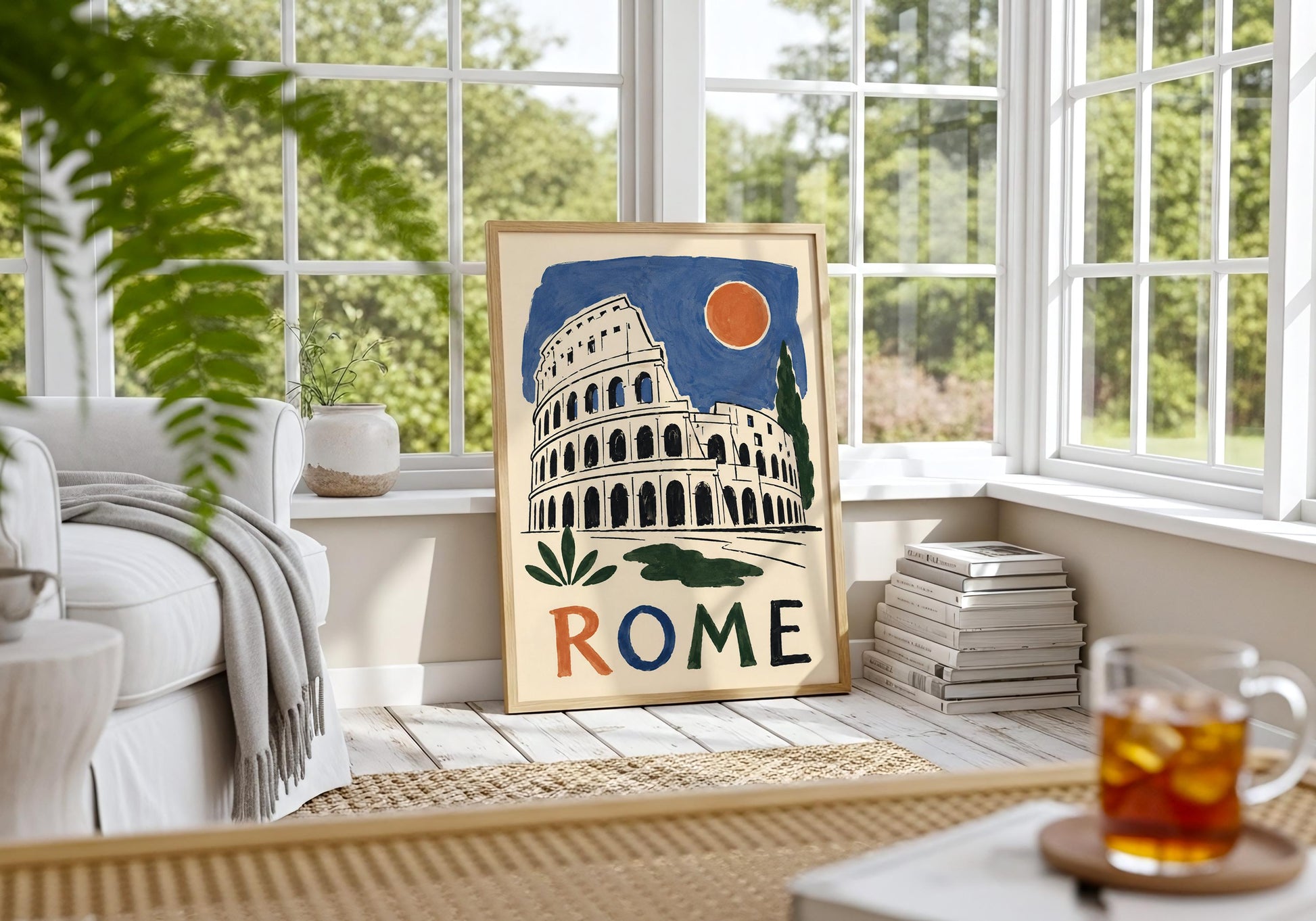 Rome travel poster showcasing a minimalist sketch of the Colosseum in a vintage Mediterranean style.