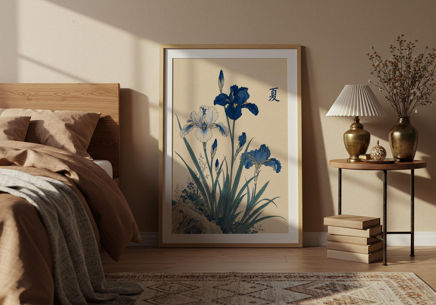 Indigo and ivory iris botanical artwork for modern home decor