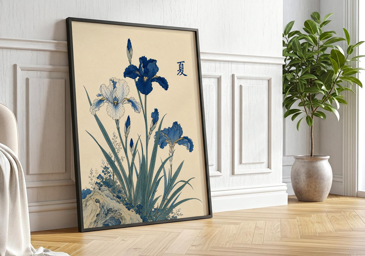 Traditional Japanese inspired floral wall art featuring summer irises