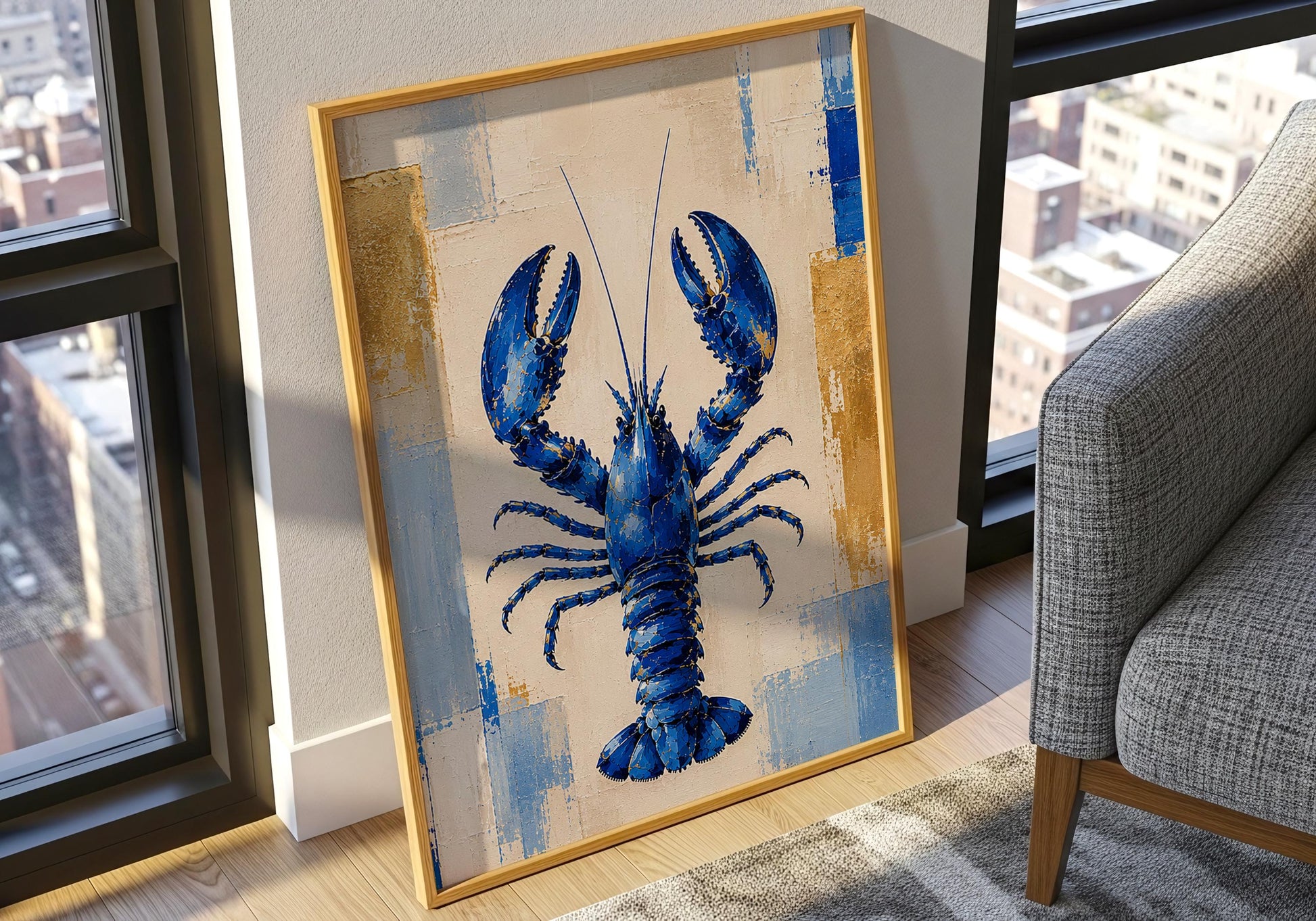 Modern beach house decor with cobalt lobster illustration