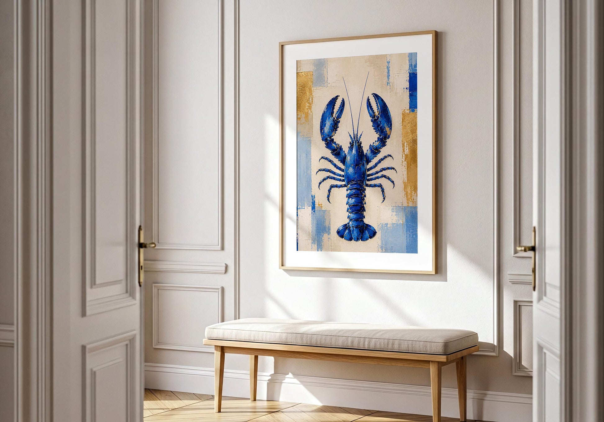 Beach house wall art with modern lobster design