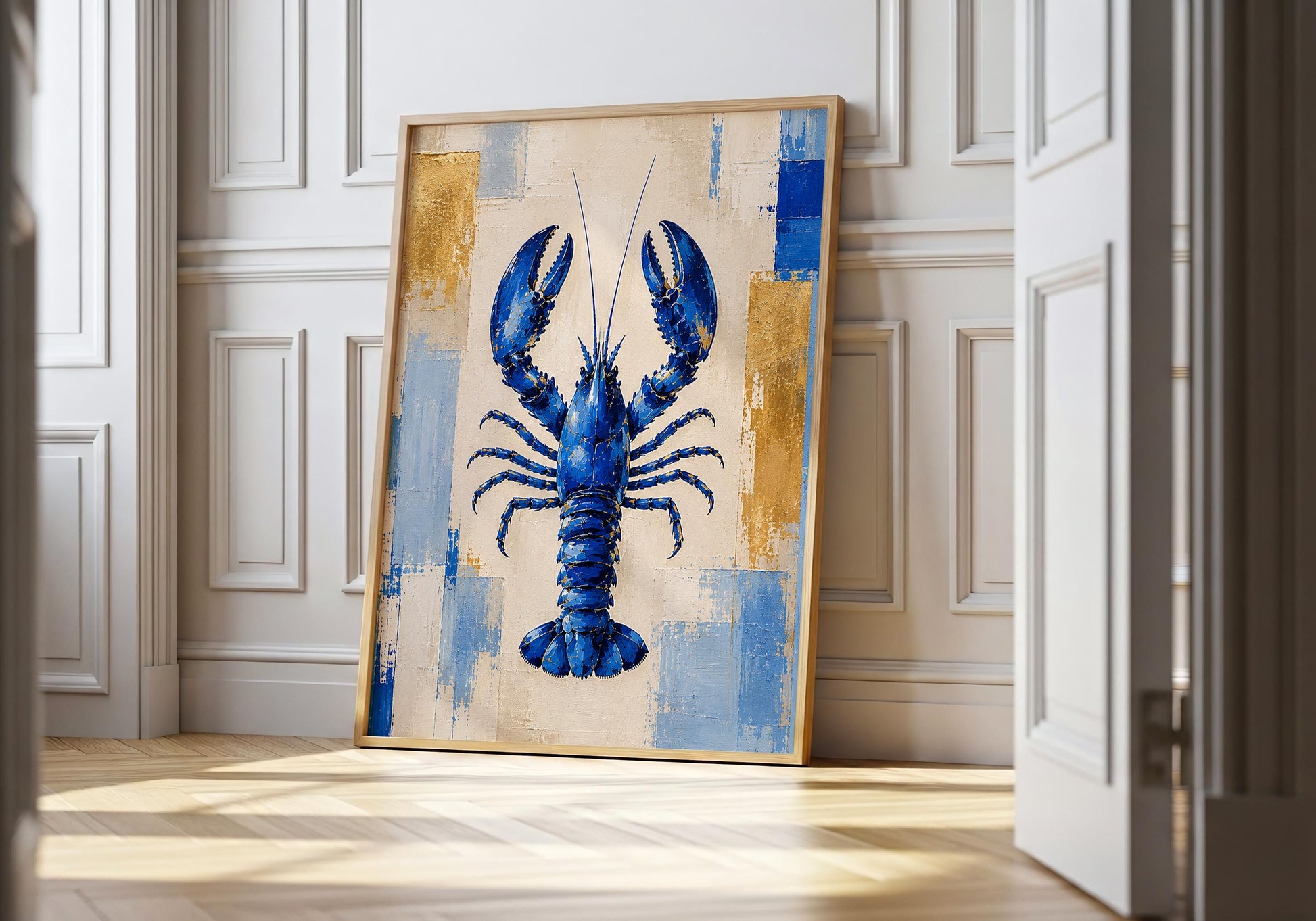 Blue lobster wall art with modern coastal abstract background