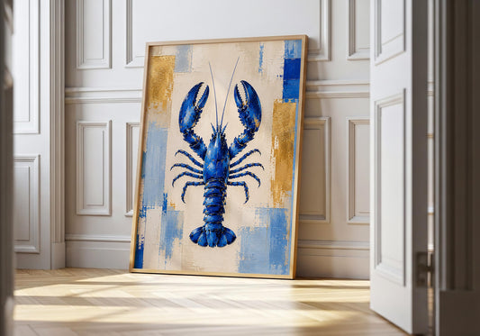 Blue lobster wall art with modern coastal abstract background