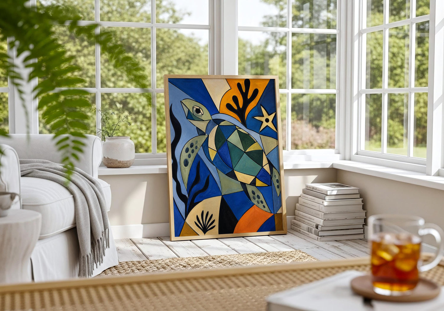 Modern marine life wall art showcasing a colourful geometric turtle in vibrant blue, teal, and gold hues.