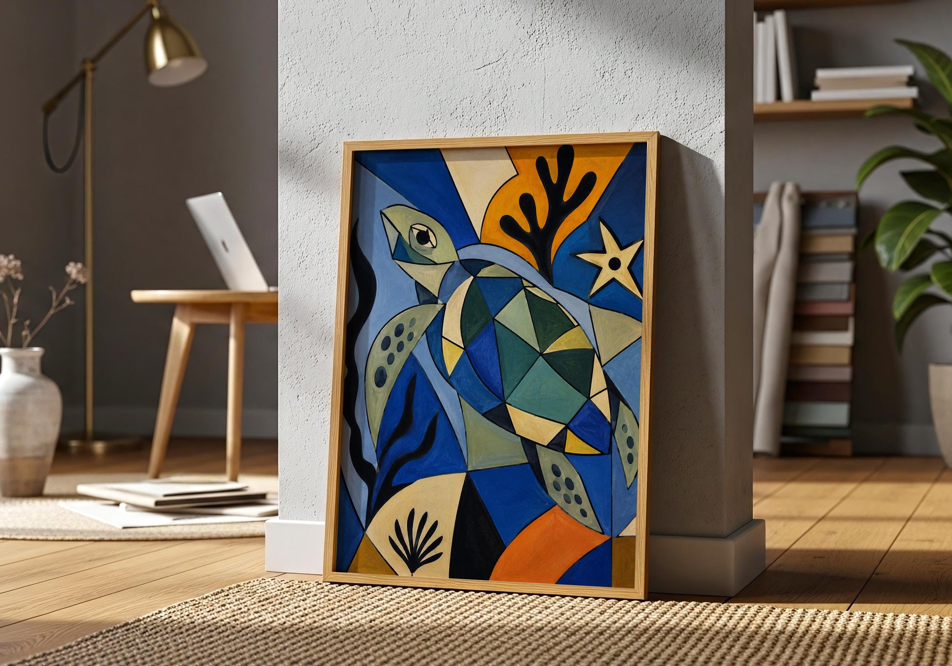 Coastal sea turtle print with geometric shapes, perfect for living room, bedroom, or beach house wall art.