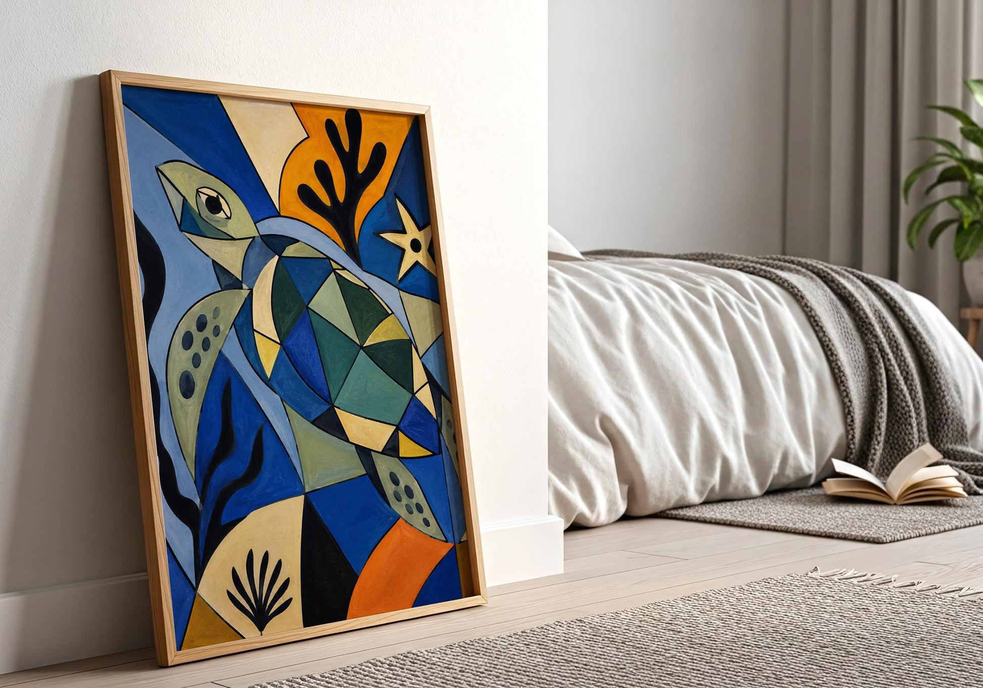 Nautical sea turtle poster with abstract cubist style, ideal for coastal home decor and ocean-themed rooms.