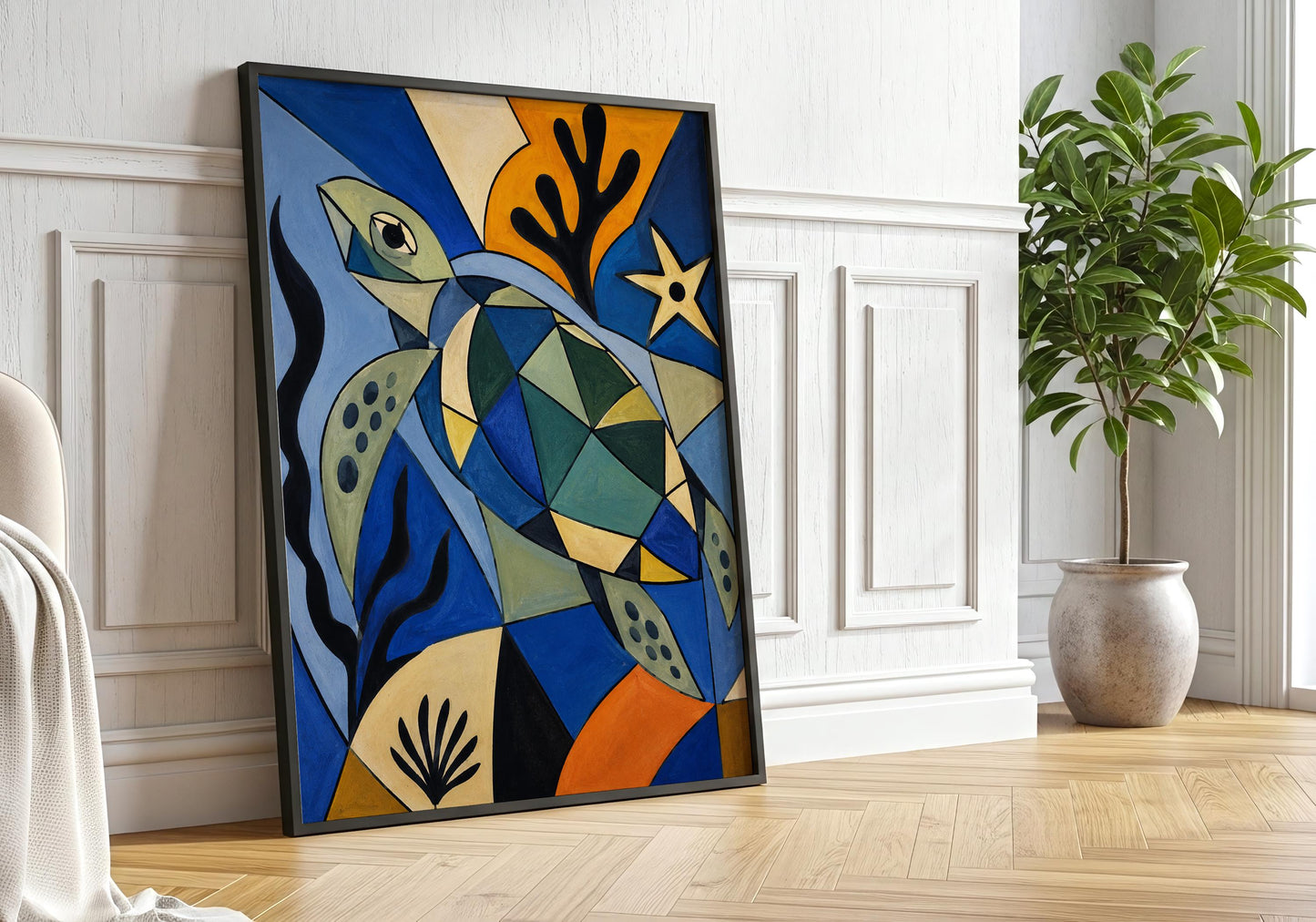 Abstract sea turtle artwork featuring cubist design and ocean-inspired colours for contemporary wall decor.