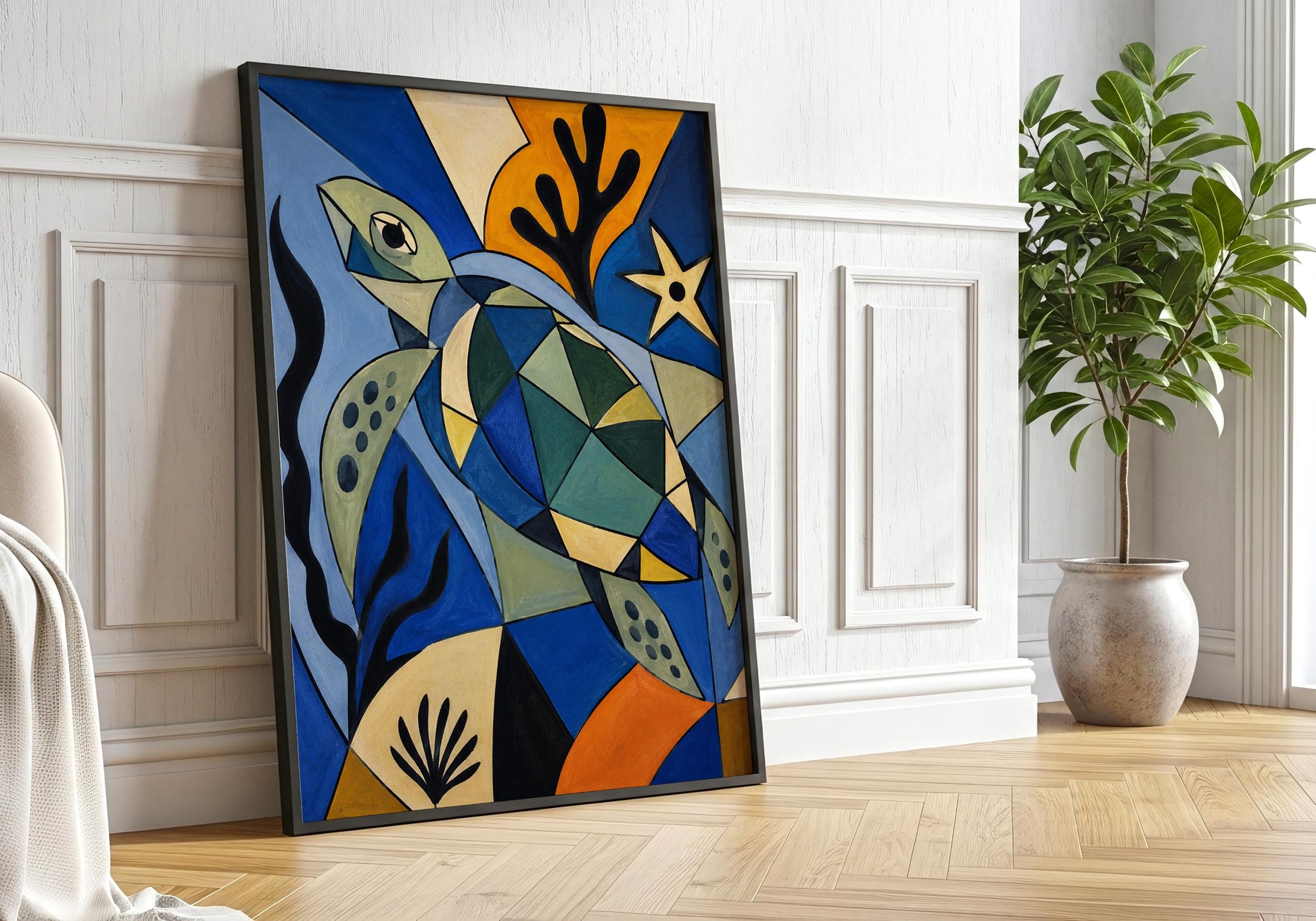Abstract sea turtle artwork featuring cubist design and ocean-inspired colours for contemporary wall decor.