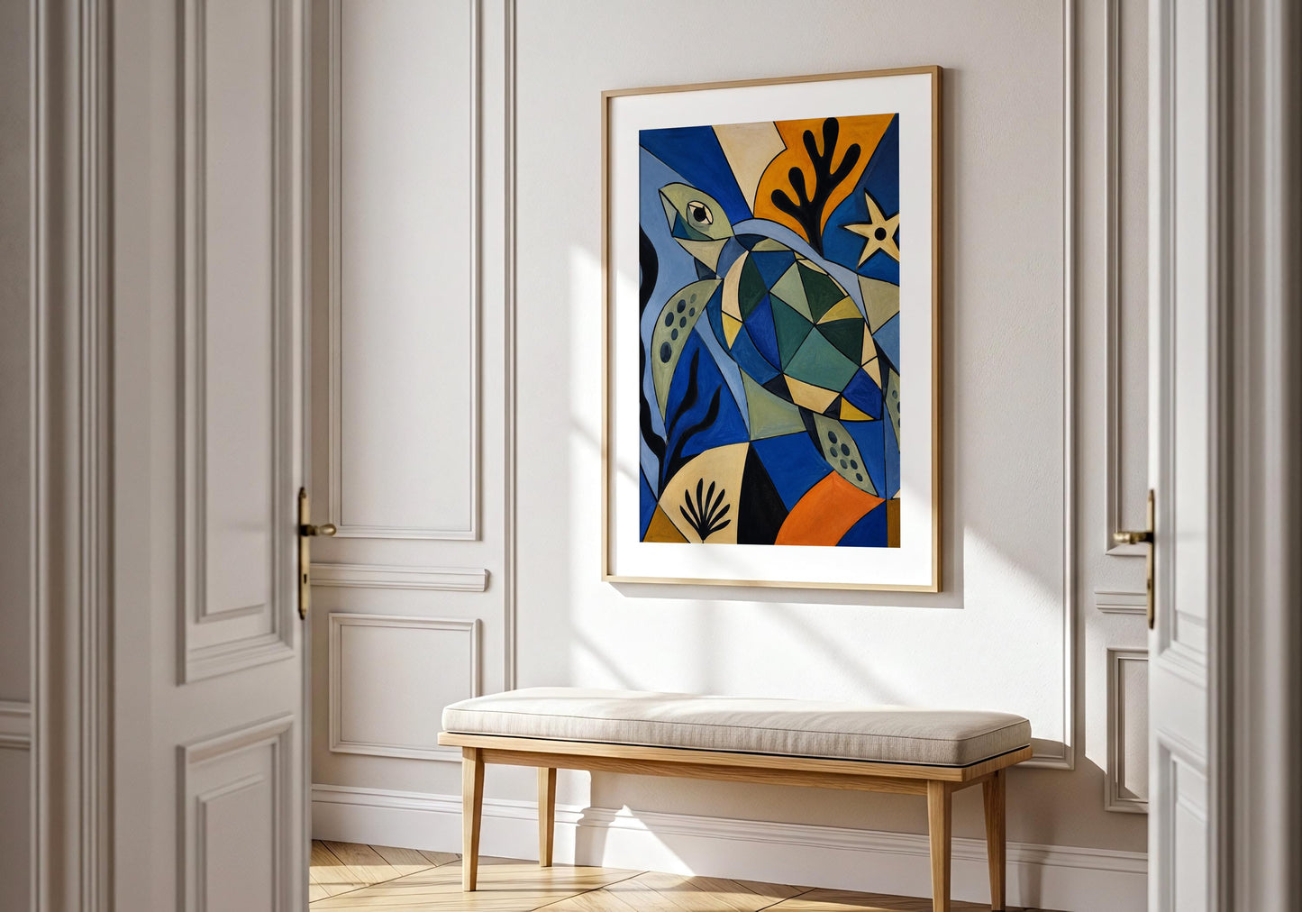 Abstract marine animal wall art with geometric sea turtle illustration, perfect gift for ocean lovers.