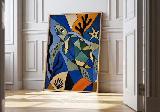 Geometric sea turtle wall art print in blue and gold tones, modern coastal decor for beach house interiors.