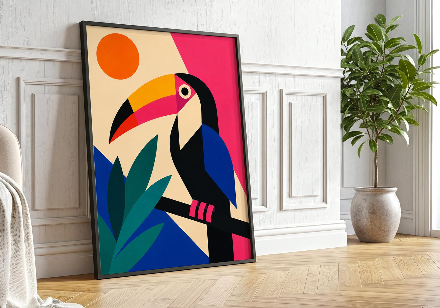 Tropical toucan artwork with bold geometric shapes and vibrant colours for contemporary home decor.