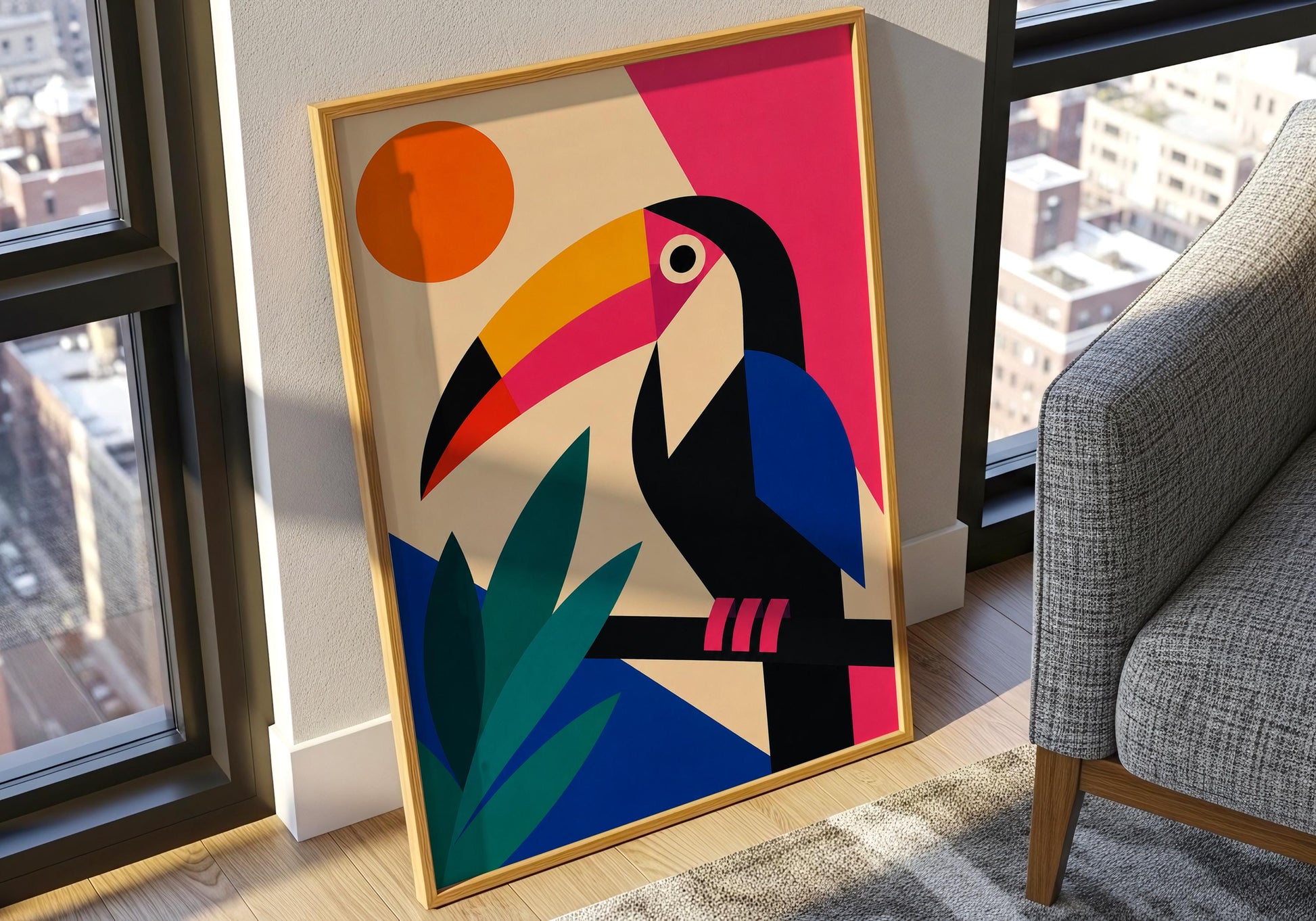 Bright tropical bird artwork with abstract toucan illustration and bold contemporary colours.