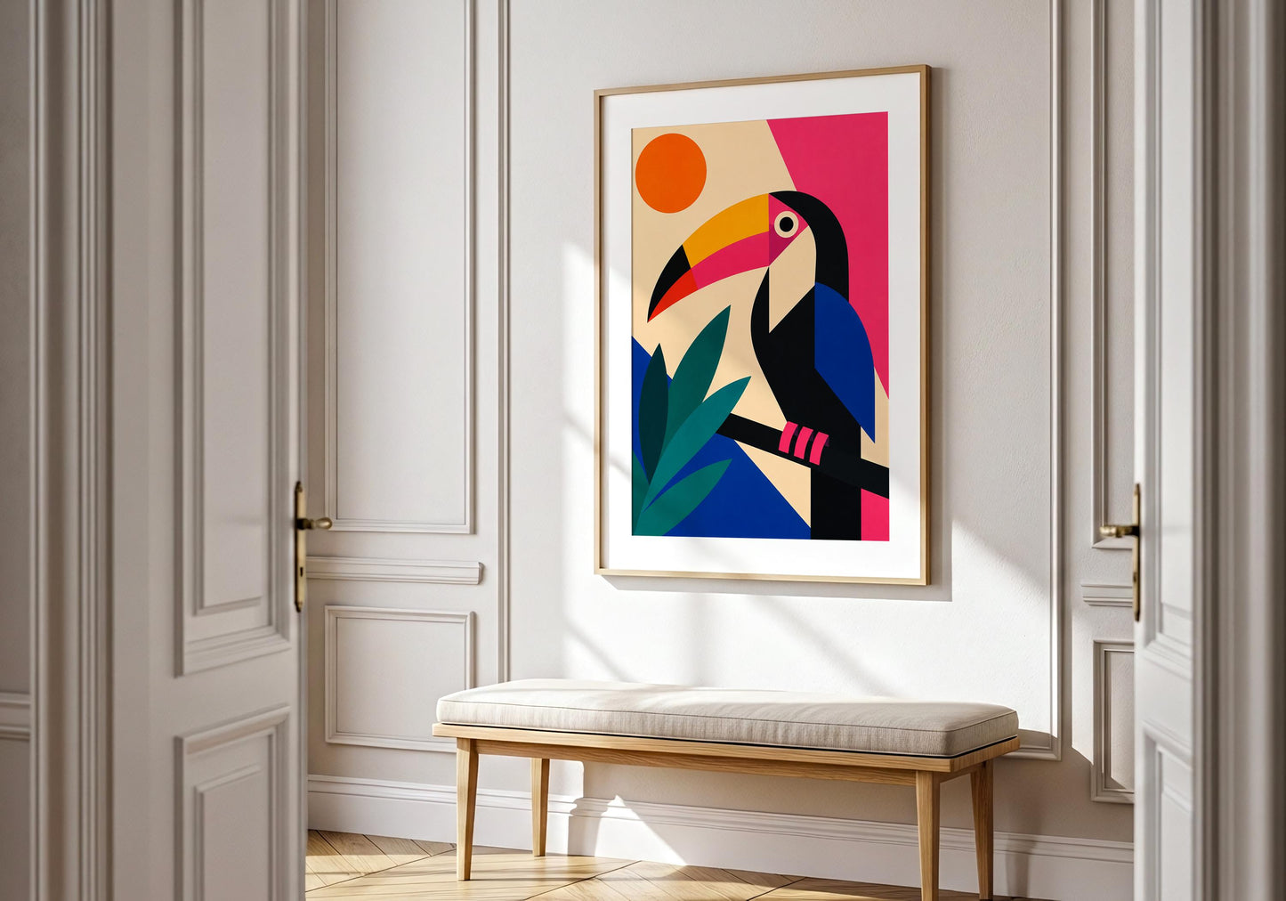 Contemporary tropical wall art showcasing a geometric toucan with colourful abstract design.